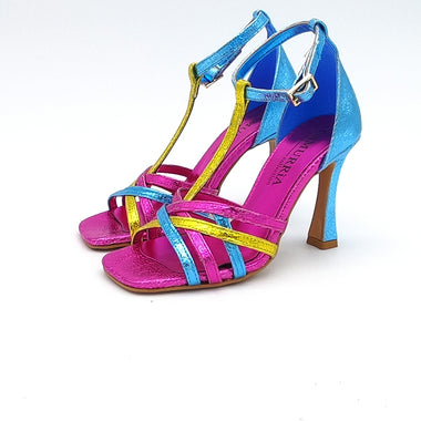 High heel sandal in multicolor craquelé leather