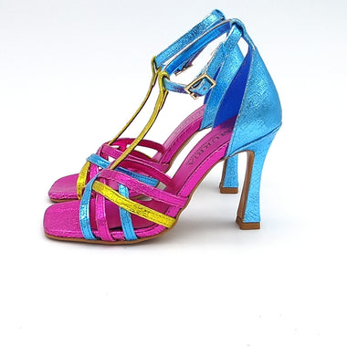 High heel sandal in multicolor craquelé leather