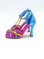 High heel sandal in multicolor craquelé leather