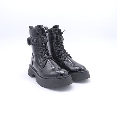 Bottines de combat en cuir verni noir