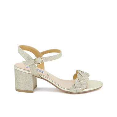 Low and wide heel sandal with rhinestone band