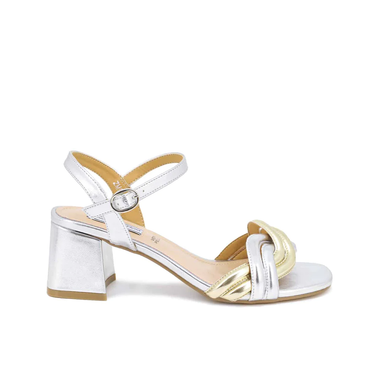 Low heel laminated silver sandal with silver and gold braided band