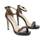 High heel sandal with rhinestone band and covered heel