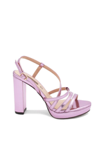 Pink laminated high heel sandal with rods on mount