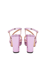 Pink laminated high heel sandal with rods on mount