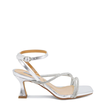 Low heel spool sandal with rhinestones and ankle strap