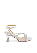 Low heel spool sandal with rhinestones and ankle strap